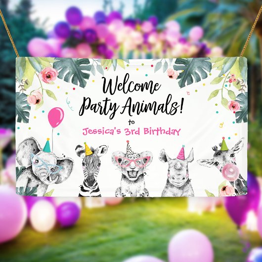 Banderoles Fête Animaux Safari Fille Anniversaire fond