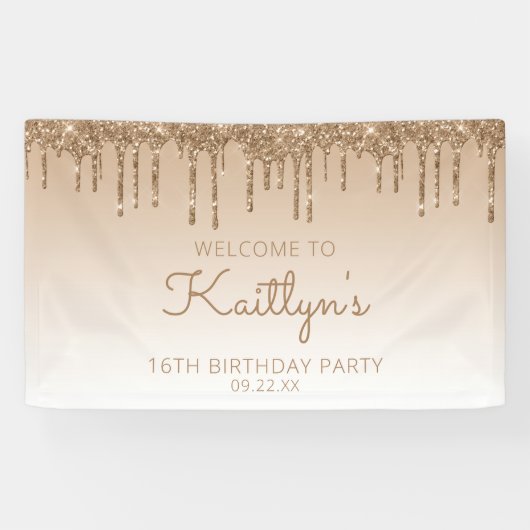 Banderoles Fête d'anniversaire 16 ans Glam Gold Glitter Drip (Horizontal)