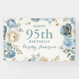 Banderoles Fête d'anniversaire 95 ans Bleu Élégant Floral