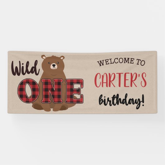 Banderoles Fête d'anniversaire de l'Ours Plaid Wild ONE (Horizontal)
