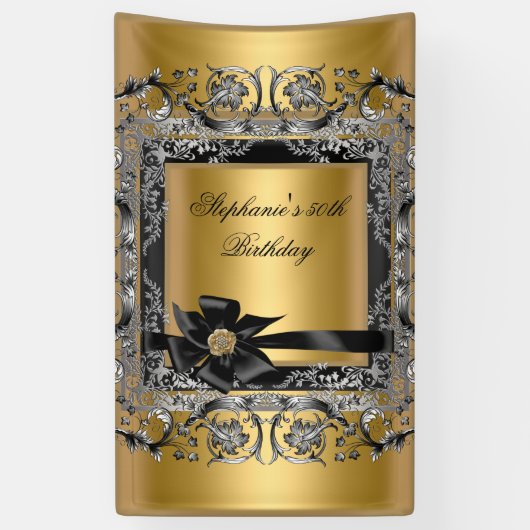 Banderoles Fête d'anniversaire Gold Argent Black Bow (Vertical)