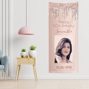 Banderoles Fête d'anniversaire rose gold paillettes argent ph