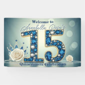 Banderoles Fête des 15 ans : Bijoux Bleus & Couronne d'Argent (Horizontal)