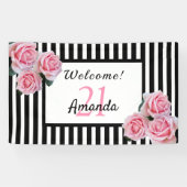 Banderoles fête du 21e anniversaire noir rayures nom floral (Horizontal)