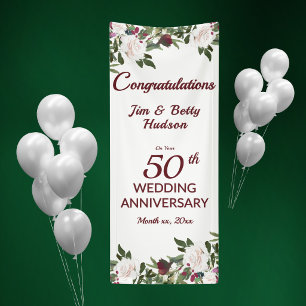 Banderoles Fête du 50e Anniversaire de Mariage Roses Blanches