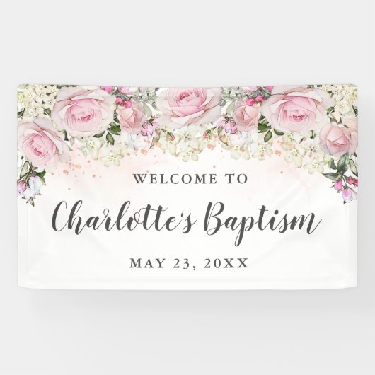 Banderoles Fête du baptême floral rose et blanc rustique (Horizontal)