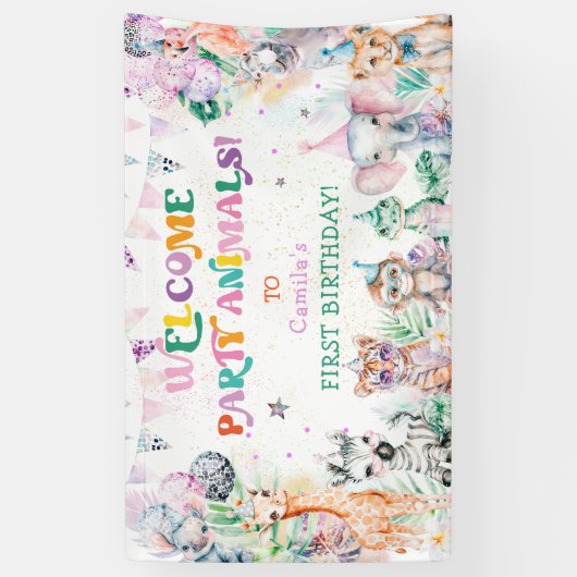 Banderoles Fête moderne mignonne Animaux Fille Anniversaire B (Vertical)