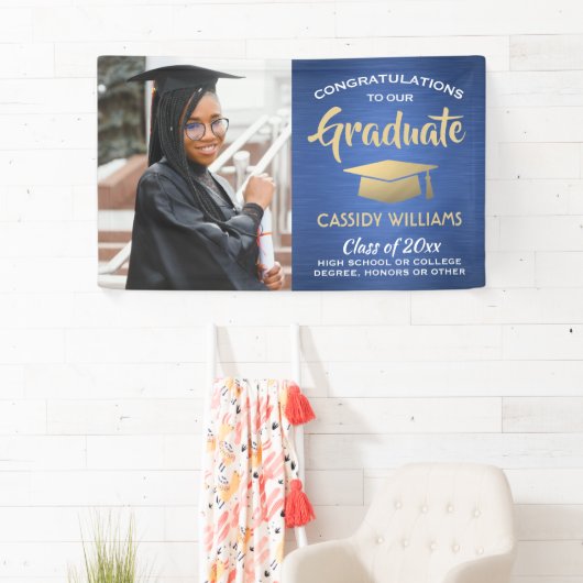 Banderoles Fêtes 1 Photo Bleu Or Blanc Moderne Graduation (En situation)