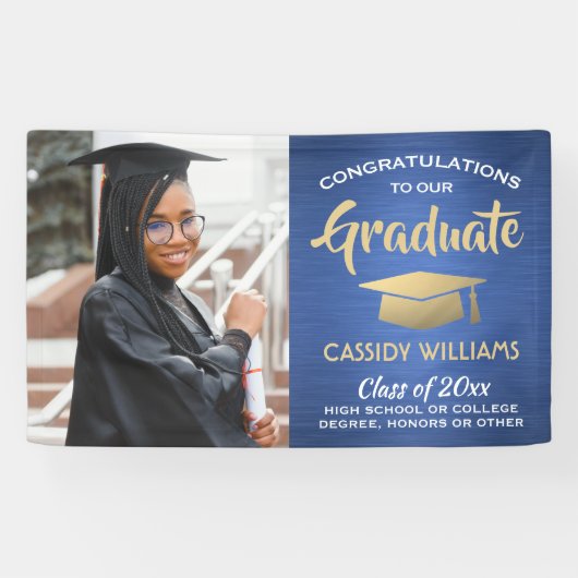 Banderoles Fêtes 1 Photo Bleu Or Blanc Moderne Graduation (Horizontal)