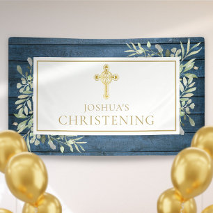 Banderoles Feuillage Rustique Bleu Croix Dorée Baptême Christ