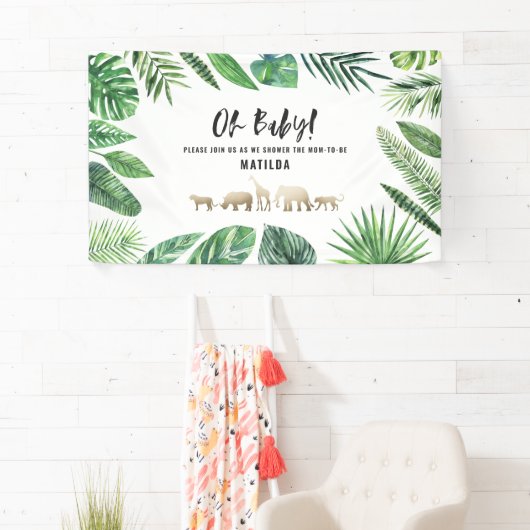 Banderoles Feuillage tropical + animaux d'or baby shower (En situation)