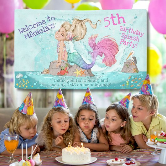 Banderoles Fille Blonde Turquoise rose Sirène Anniversaire