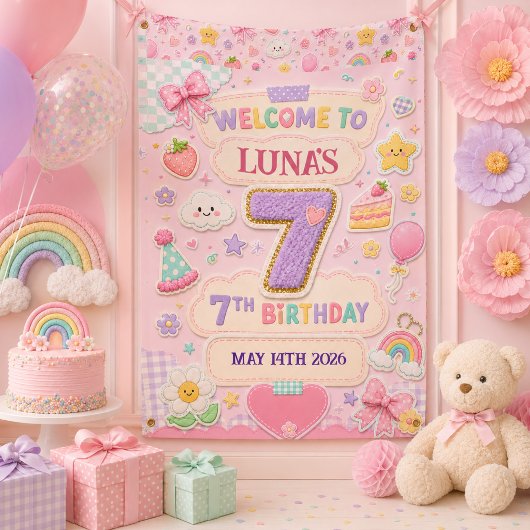Banderoles Fille d'anniversaire 7 ans Pastel Patchwork Arc-en