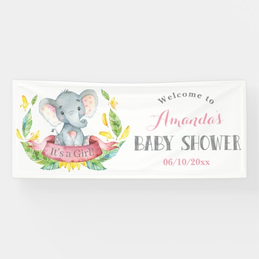 Banderoles Fille Eléphant Baby shower rose et gris (Horizontal)
