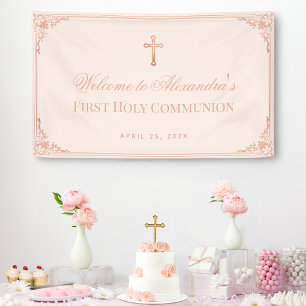 Banderoles Fille première communion Rose Rose Croix d'or Vint