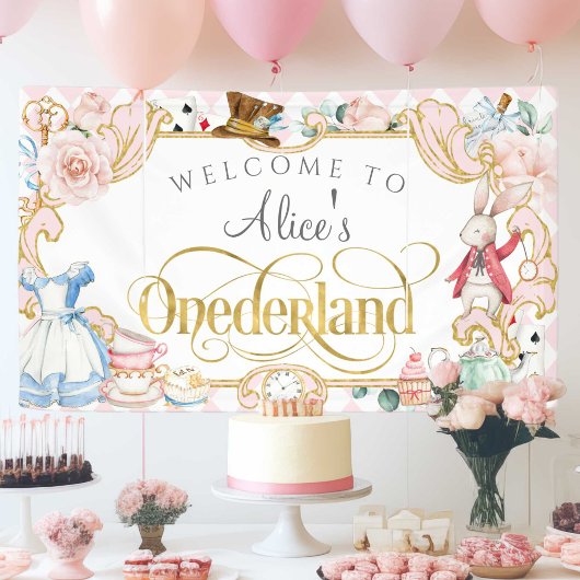 Banderoles Fille rose 1er anniversaire, Alice Onederland Thèm