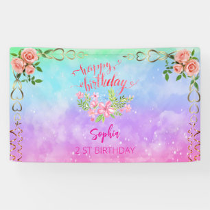 Banderoles fille rose bienvenue aquarelle florale fête d'anni