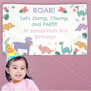 Banderoles Fille rose et pastel au dinosaure