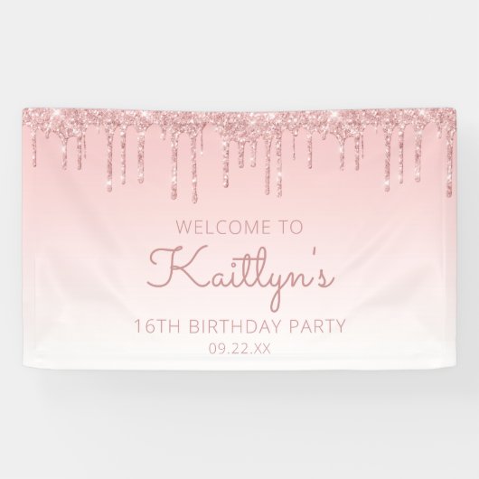 Banderoles Fille rose Parties scintillant Drip 16e fête d'ann (Horizontal)