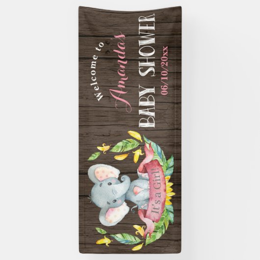 Banderoles Fille rustique Eléphant Baby shower rose et gris (Vertical)