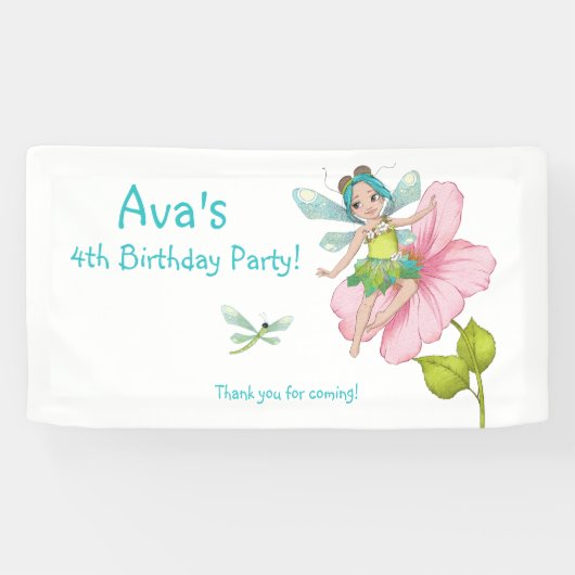 Banderoles Fille Turquoise Vert rose libellule Anniversaire (Horizontal)