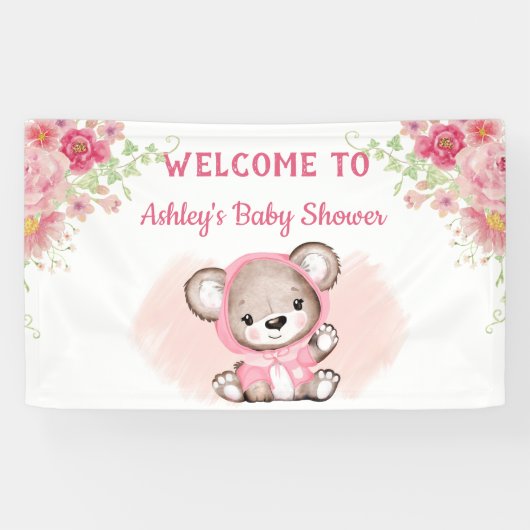 Banderoles Filles Ours Rose Floral Custom Baby shower Bannièr (Horizontal)