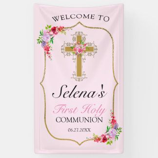 Banderoles Filles Rose Floral Première Communion Sainte Bienv