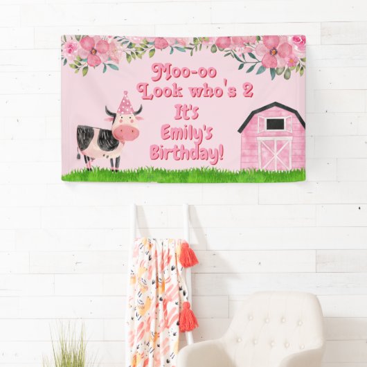 Banderoles Fillettes 2e anniversaire Rose grange à vaches (En situation)