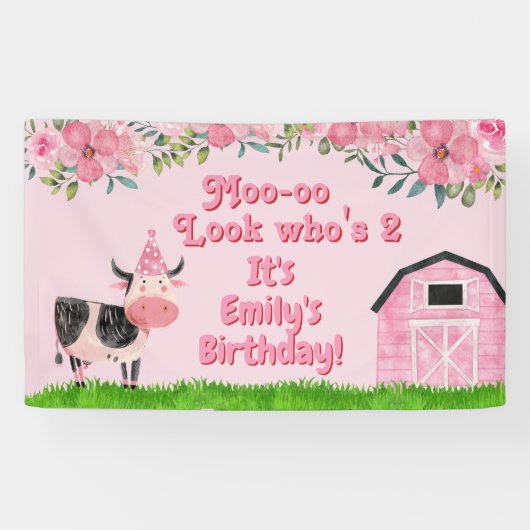 Banderoles Fillettes 2e anniversaire Rose grange à vaches (Horizontal)