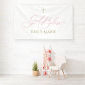 Banderoles First Communion God Bless Pink banner backdrop (Insitu)