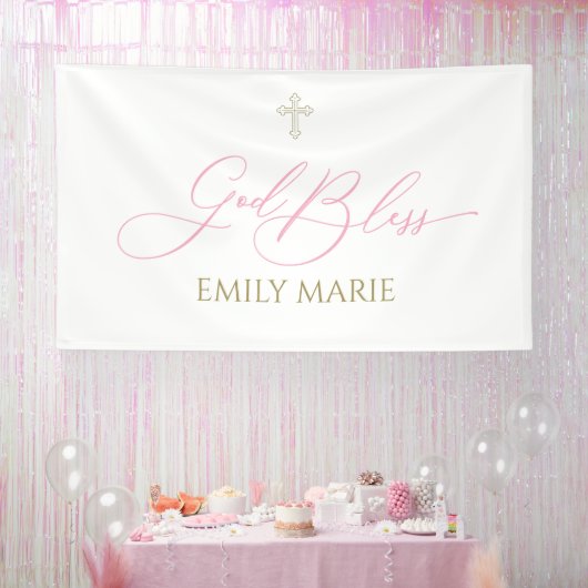 Banderoles First Communion God Bless Pink banner backdrop (Fête)