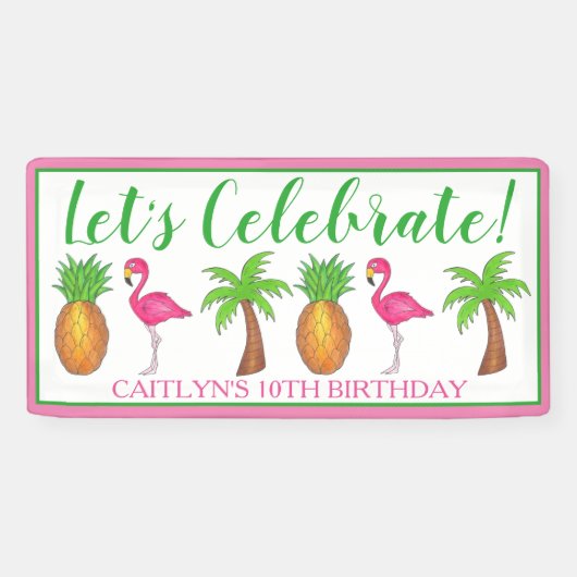 Banderoles Flamant rose d'anniversaire Palm Tree Pineapple (Horizontal)