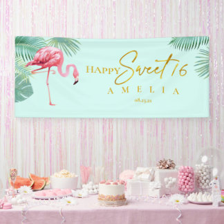 Banderoles Flamant rose tropical doux 16 Joyeux anniversaire