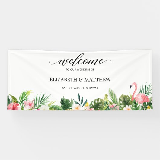 Banderoles Flamant rose Tropical Feuille Script Mariage Bienv (Horizontal)