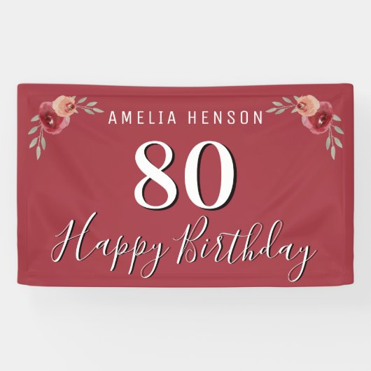 Banderoles Fleur d'aquarelle rouge 80e anniversaire (Horizontal)
