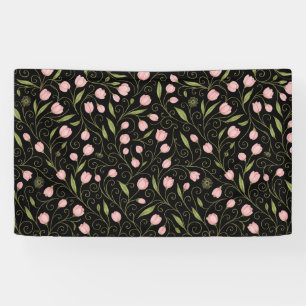 Banderoles Fleur mignonne, rose sur noir avec motif répétitif