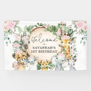 Banderoles Fleur rose pâle Safari Animaux Anniversaire Bienve
