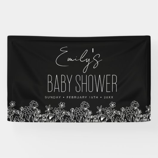 Banderoles Fleur sauvage Boho Baby shower noir élégant (Horizontal)