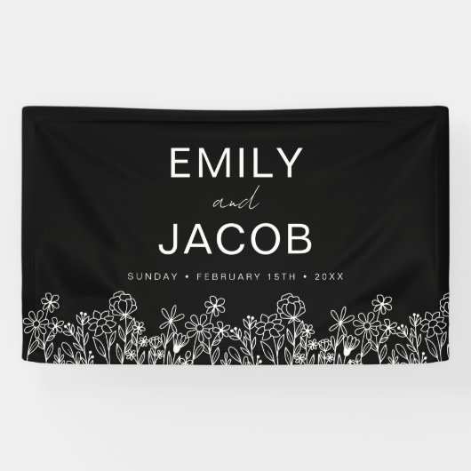 Banderoles Fleur sauvage noir blanc Mariage Boho en fleur (Horizontal)