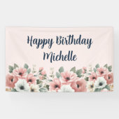 Banderoles Fleurs Aquarelle Blanche Rose Joyeux Anniversaire (Horizontal)