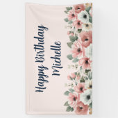 Banderoles Fleurs Aquarelle Blanche Rose Joyeux Anniversaire (Vertical)