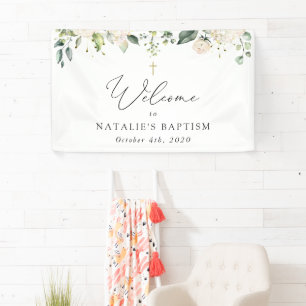 Banderoles Fleurs blanches crème, Boho, Bienvenue au baptême