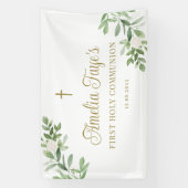 Banderoles Fleurs blanches et verdure Première communion sain (Verticale)