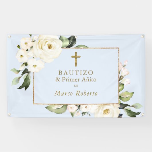 Banderoles Fleurs blanches or espagnol Bautizo Affiche de bie (Horizontal)