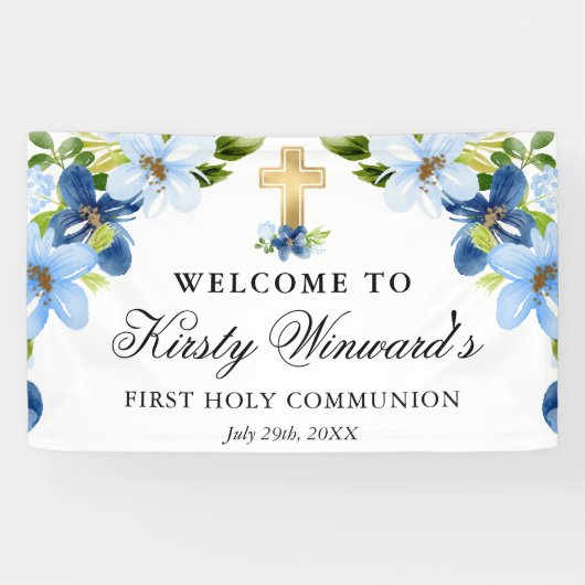 Banderoles Fleurs bleues et marines Première communion sainte (Horizontal)