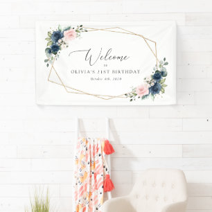 Banderoles Fleurs Bleues Marine, Fleurs Roses, Accueil Annive