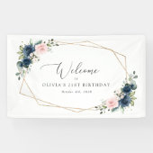 Banderoles Fleurs Bleues Marine, Fleurs Roses, Accueil Annive (Horizontal)