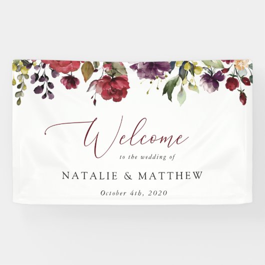 Banderoles Fleurs Bourgognes, Fleurs Roses, Accueil Mariage (Horizontal)