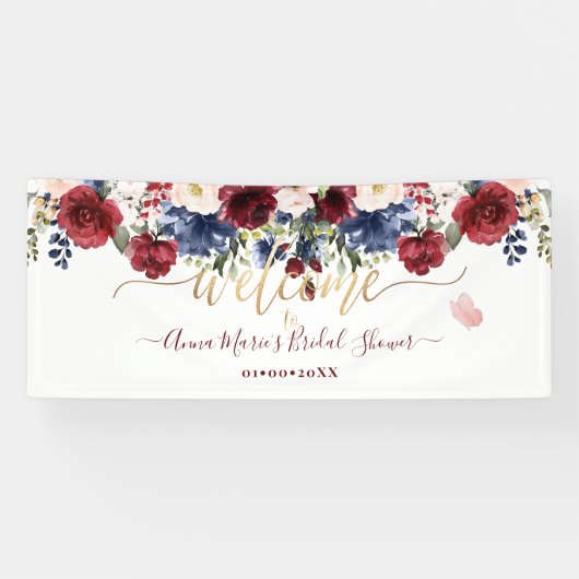 Banderoles Fleurs d'aquarelle Blush Bourgogne Bienvenue Marin (Horizontal)