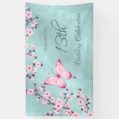 Banderoles Fleurs de cerisiers papillons rose Turquoise (Vertical)